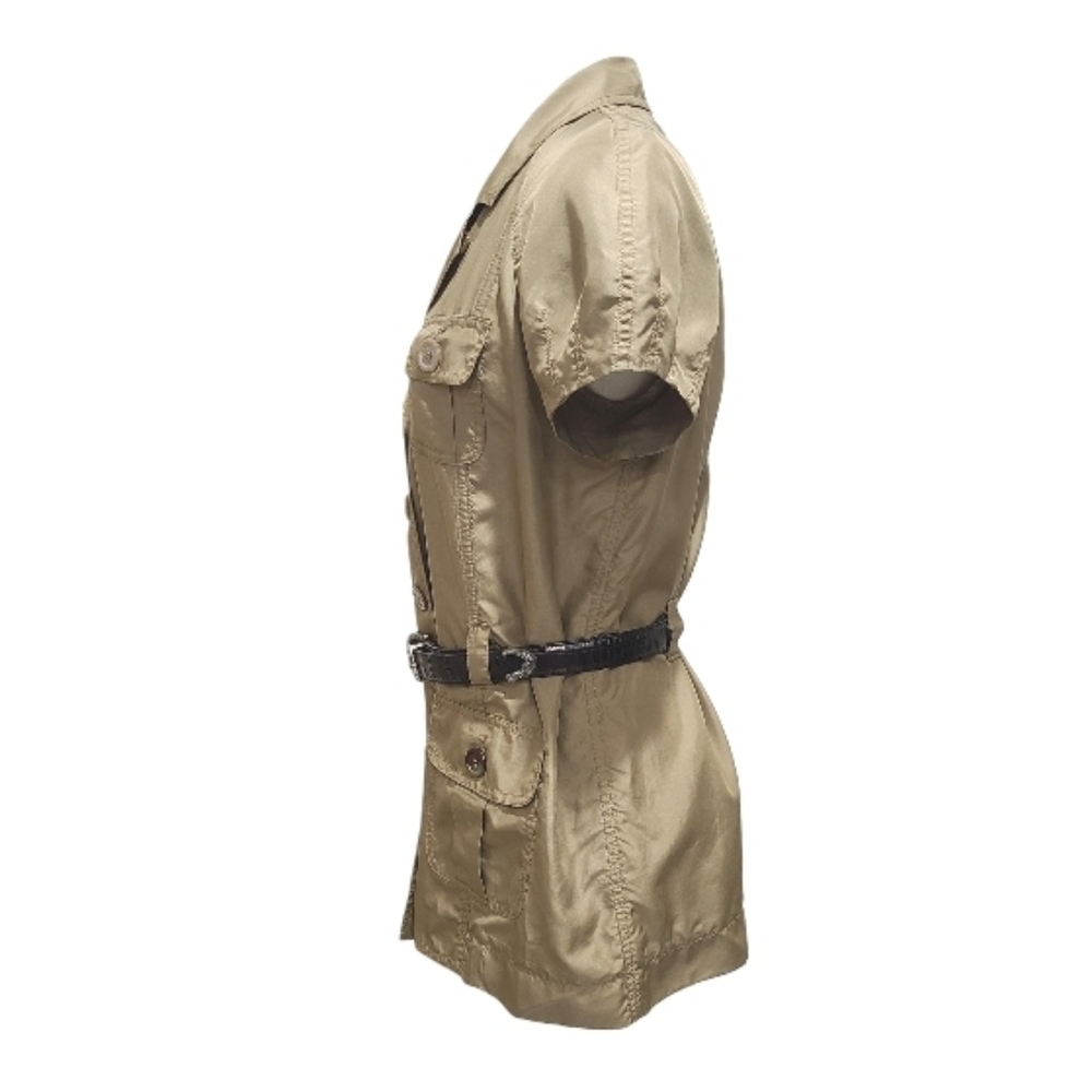 Moschino Cheap & Chic 100% Silk Short Puff Sleeve Safari Top in Mocha Khaki Sz M - Picture 3 of 14
